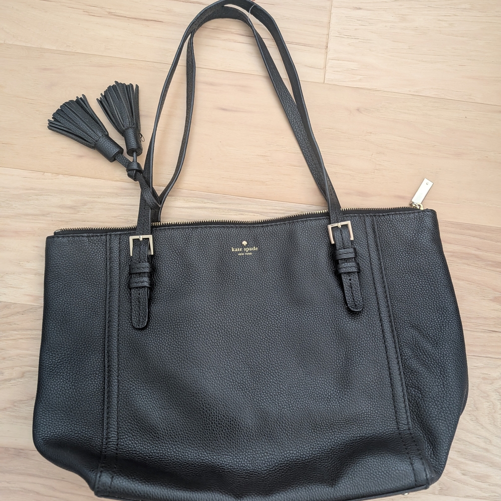 Kate Spade Black Textured Leather Tote with Tassels